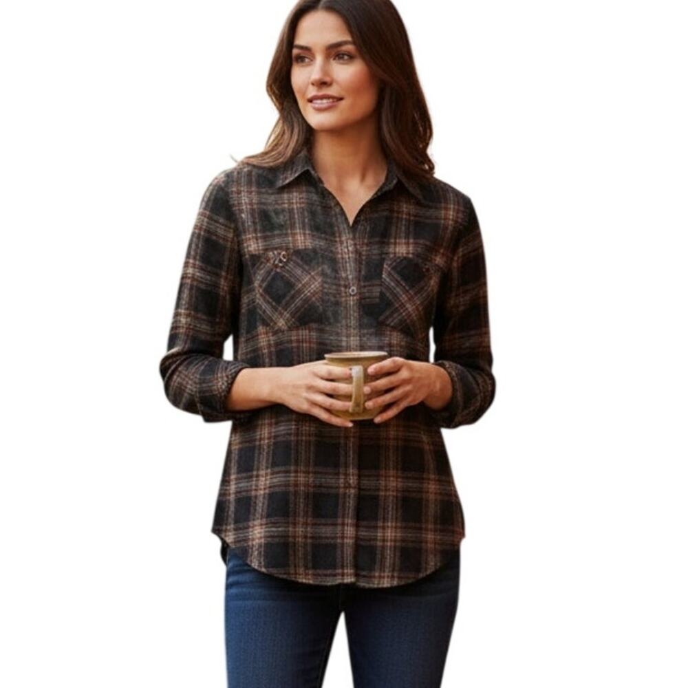 Peruvian Connection Women's Black Brown Plaid Shirt Size XS